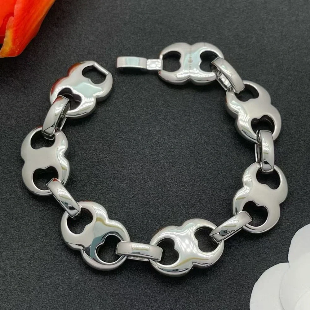 Tory Burch Polished Silver-Link Logo Bracelet